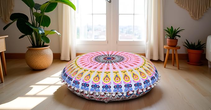 CRAFT KALA 22" Floor Pillows Cover for Sitting, Large Meditation Cushions Cover for Adults, Bohemian Mandala Round Pouf Seating Ottoman Cover for Outdoor Yoga and Living Room Pink Yellow Floral