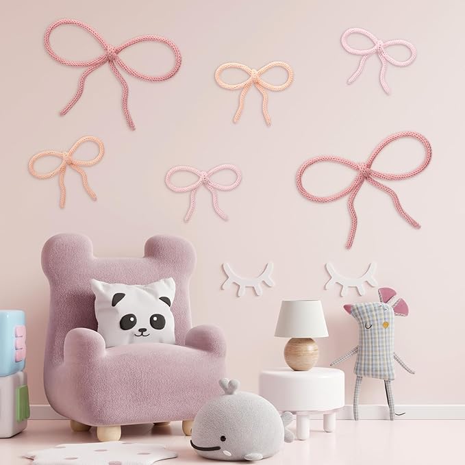 Barydat 6 Pcs Boho Bow Wall Decor Pink Bow Nursery Decoration Coquette Room Decor Woven Macrame Wall Hanging 2 Size Pink Preppy Decoration for Nursery Dorm Girls Room Art