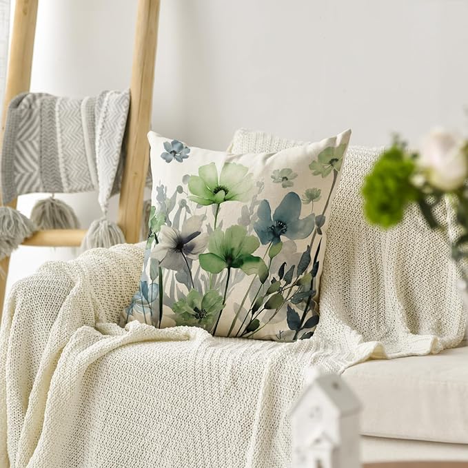 AVOIN colorlife Poppy Flowers Chinoiserie Fall Throw Pillow Cover, 18 x 18 Inch Blue Sage Green Seasonal Leaves Cushion Case Decoration for Sofa Couch Farmhouse