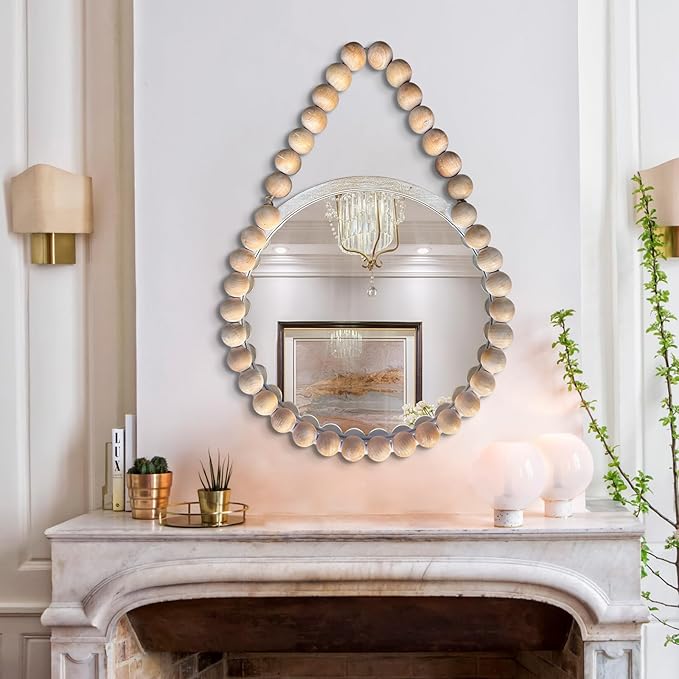 POZINO Wood Beaded Mirror, 20" Boho Round Mirror for Wall, Farmhouse Hanging Rustic Mirrors with Rope, Spherical Frame Circle Mirrors for Bathroom Bedroom Living Room Hallway Fireplace
