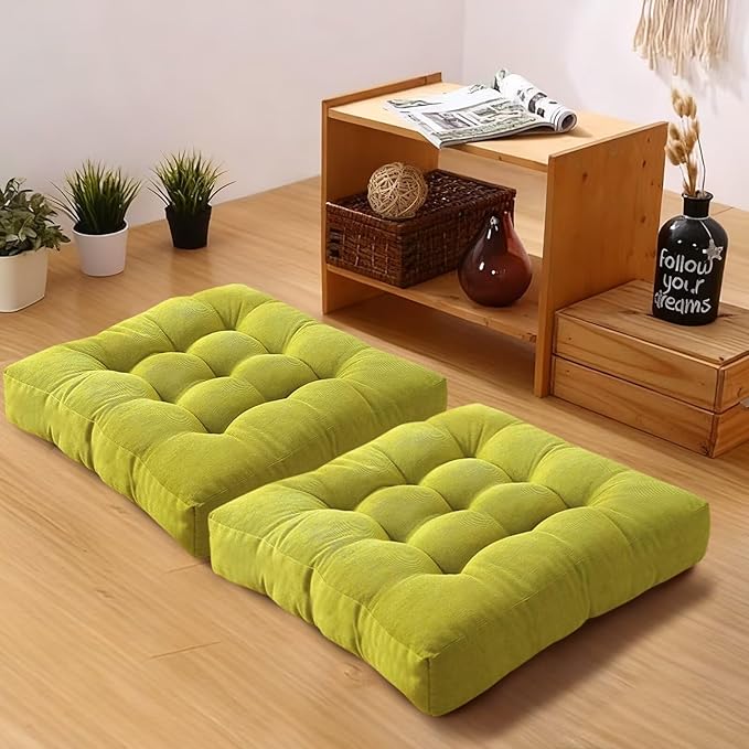 Meditation Floor Pillow Set of 2 Square Large Seat Pillows for Adults Tufted Corduroy Floor Cushion for Tatami Living Room Bedroom Grass Green 22x22 Inch