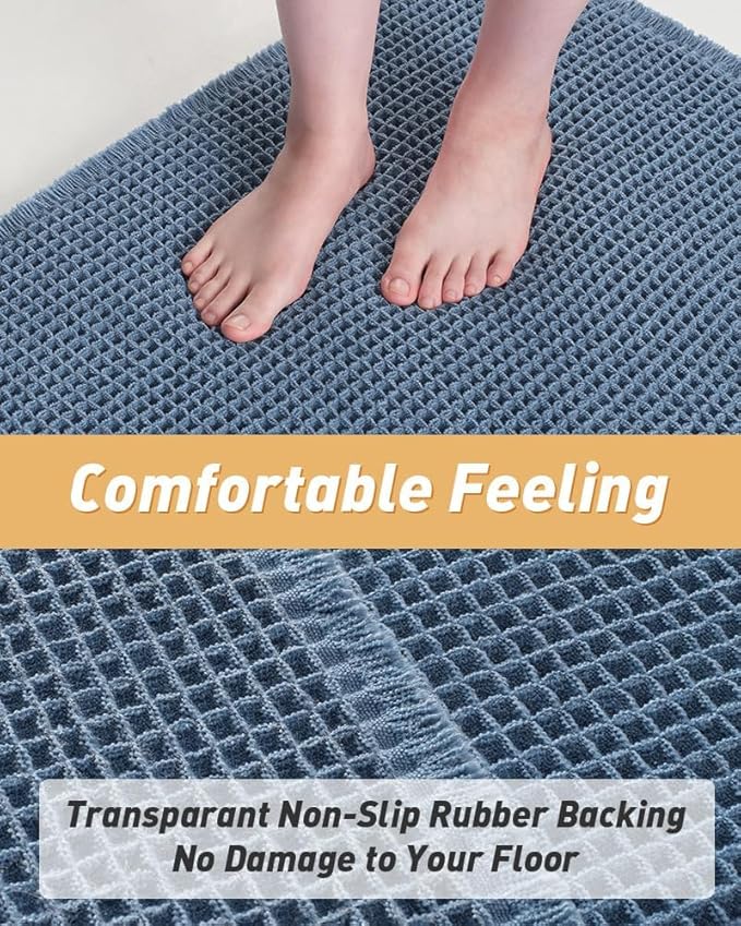 AMOAMI Upgraded Waffle Runner Rug Super Absorbent Non Slip Bath Mats for Bathroom Floor Washable Bathroom Runner Rug with Tassels, Ideal for Hallway Bedroom Laundry Room, Blue, 2' x 6'(24" x 72")