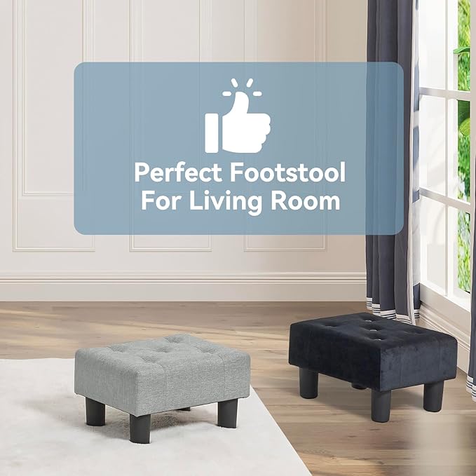 Poofzy Small Foot Stool Ottoman, Linen Ottoman Foot Rest with Legs, Rectangle Foot Rest for Couch, Footstools and Ottomans Small for Living Room and Entryway (Light Gray)