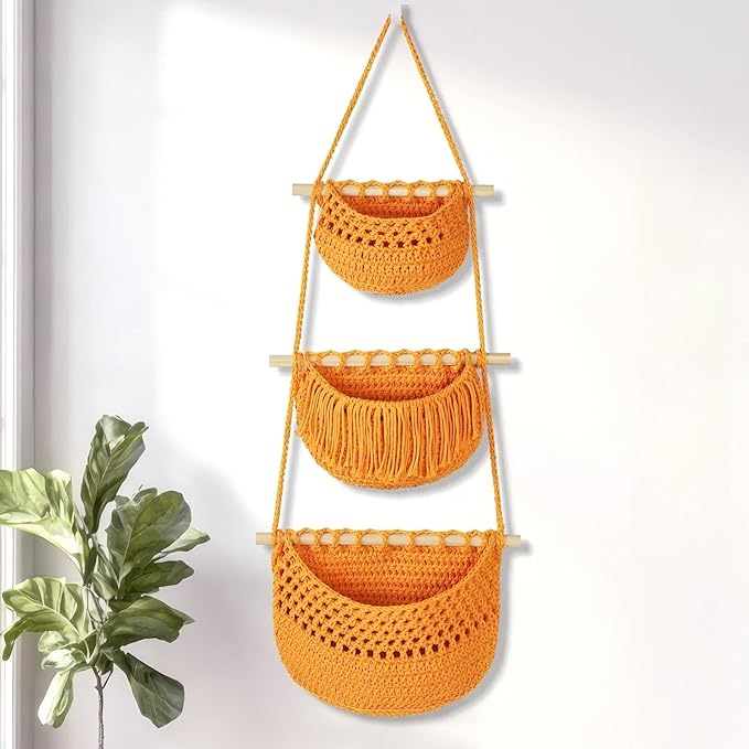 Boho Style Handwoven Rope Hanging Basket - 3-Tier Detachable Storage Organizer for Kitchen/Bathroom/Entryway, 3 Included Heavy-Duty Hooks, 7 Color Options Available (Gold)
