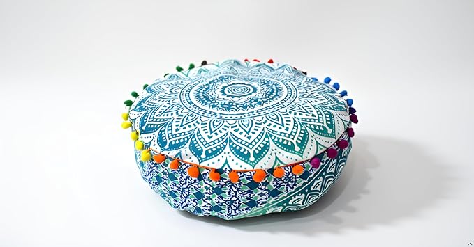 CRAFT KALA Green Ombre Large Hippie Mandala Meditation Floor Ottoman Pillow Cushion Pouf Cover Square Poufs Bohemian Circle Floor Cushion Case Outdoor Fireplace Yoga Living Room Decor Cover 16" Round