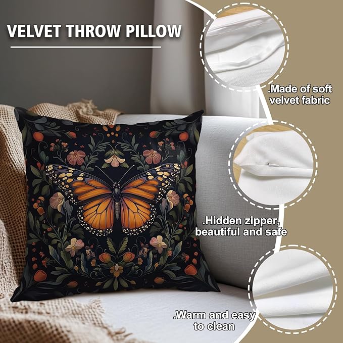 William Morris Abstract Vintage Floral Velvet Butterfly Design Throw Pillow Covers Home Decor, Retro Art Decor Pillowcase Cushion Cover for Bed Sofa Living Room, Square 18x18inch (Black-Butterfly)