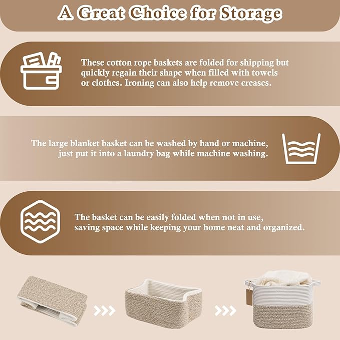 Goodpick Woven Storage Basket, Cotton Rope Basket for Dog Toys, Books, Stylish Gift Basket with Handles, 13 x 10 x 9 Inches Square Baskets for Organizing, Brown and White