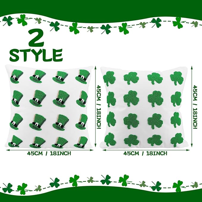 2 Pcs Tufted St. Patrick's Day Pillow Covers 18'' Green Clover Boucle Throw Pillow Cases 3D Soft Plush Faux Fur Wool Couch Cushion Case for Chair Sofa Bedroom Living Room Home Decor