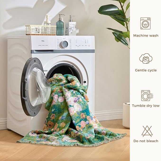 Boho Throw Blanket for Couch Sofa Chair Spring Cotton Blankets for Bedroom Living Room All Season Soft Lightweight Reversible Floral Embroidery Decorative Throws 50"x60" Home Decor