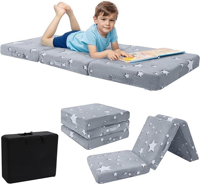 MeMoreCool Foldable Floor Mattress for Kids, Glow Star Trifold Mat, Kids Folding Mattress Portable Futon, 75x25 Inch Grey