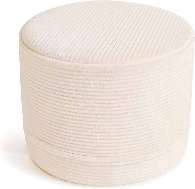 Thgonwid Corduroy Stuffed Round Pouf Ottoman, Foot Stool with One-Piece Cut High-Density Memory Foam, Furry and Fluffy Footstool, Compact Pouf Footrest for Living Room Bedroom, 17"x13", Cream White