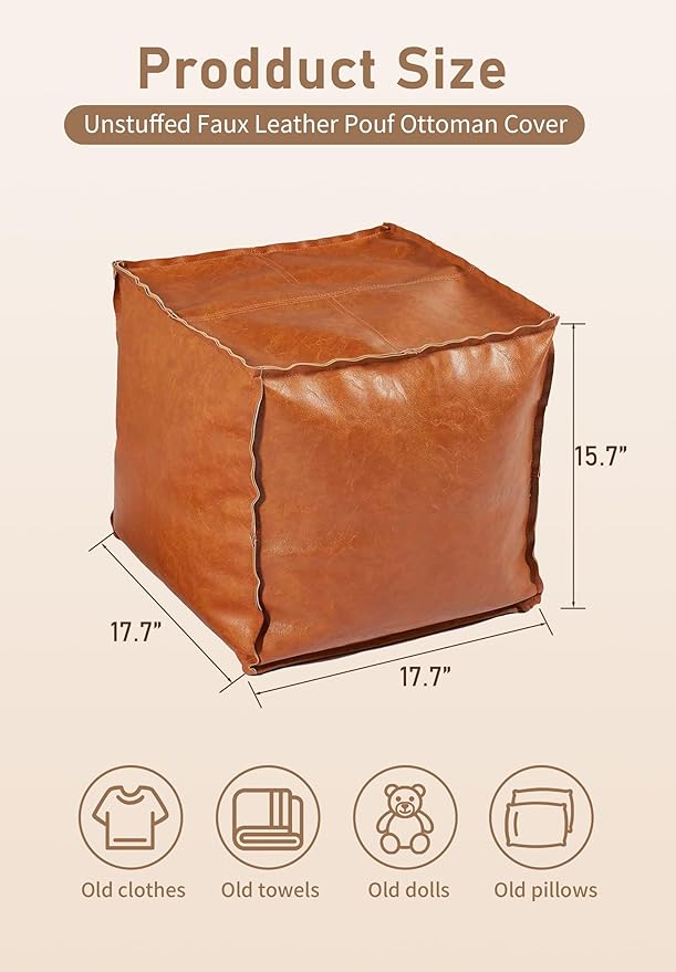 Unstuffed Pouf Ottoman Cover – Durable Faux Leather, Scratch-Resistant & Easy to Clean – Modern Square Pouf Cover with Storage and Functionality, Ideal for Apartment Living