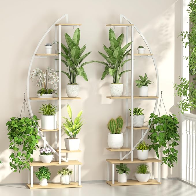 Plant Stand Shelf Rack Indoor with 6 Built in Grow Light, 7 Tiered 65" Tall White Large Lighted Half Moon Curved Plant Stand for Indoor Growing, 2 Pack Arch Sturdy High Herb Flower Shelving