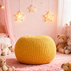 Round Pouf Ottoman, 18" Bordeaux Knitted Cotton Woven Round Pouf, Handmade Woven Bean Bag for Living Room, Floor Bag for Bedrooms, Home, Offices, Sofa Footrest (Yellow)