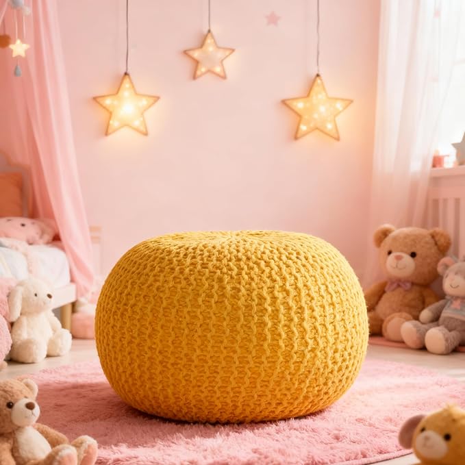 Round Pouf Ottoman, 18" Bordeaux Knitted Cotton Woven Round Pouf, Handmade Woven Bean Bag for Living Room, Floor Bag for Bedrooms, Home, Offices, Sofa Footrest (Yellow)