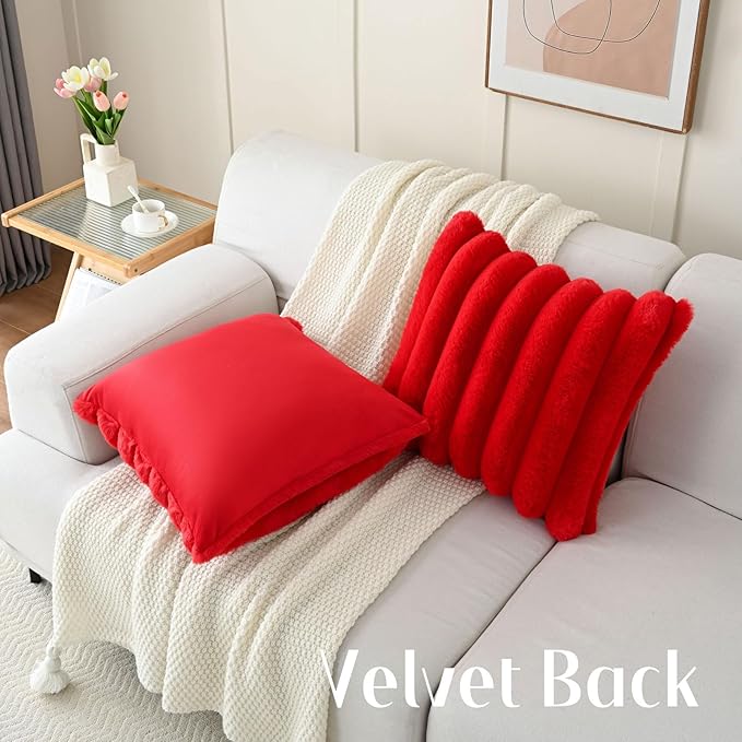 FUTEI Red Decorative Throw Pillow Covers 24x24 Inch Set of 2, Square Soft Faux Rabbit Fur Thick Striped European Cushion Covers,Spring Home Decor for Couch Bed Living Room