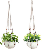 35 Inch Macrame Plant Hanger, Hanging Planter Basket with Wood Beads, Decorative Flower Pot Holder for Indoor Outdoor Boho Home Decor, Set of 2 (Ivory)