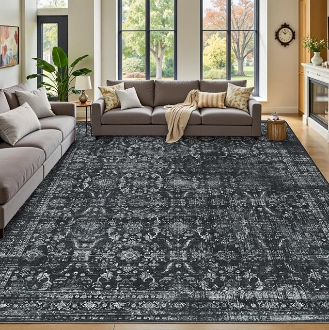 9x12 Area Rugs for Living Room Bedroom, Large Washable Rug, Black Vintage Floral Boho Rug, Non Slip & Low Pile Faux Wool Thin Carpet for Indoor Dining Room and Kids Room(Black 9x12ft)