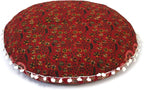 CRAFT KALA 22 Inch Round Mandala Floor Pillow Cushion Cover Seating Throw Cover Hippie Decorative Bohemian Ottoman Poufs Cover Pom Pom Pillow Cases Boho Cotton Living Room Yoga Home Décor (Red Mirchi)