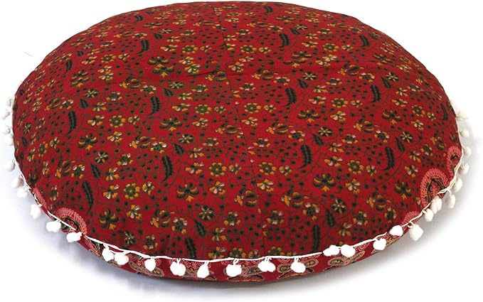 CRAFT KALA 22 Inch Round Mandala Floor Pillow Cushion Cover Seating Throw Cover Hippie Decorative Bohemian Ottoman Poufs Cover Pom Pom Pillow Cases Boho Cotton Living Room Yoga Home Décor (Red Mirchi)