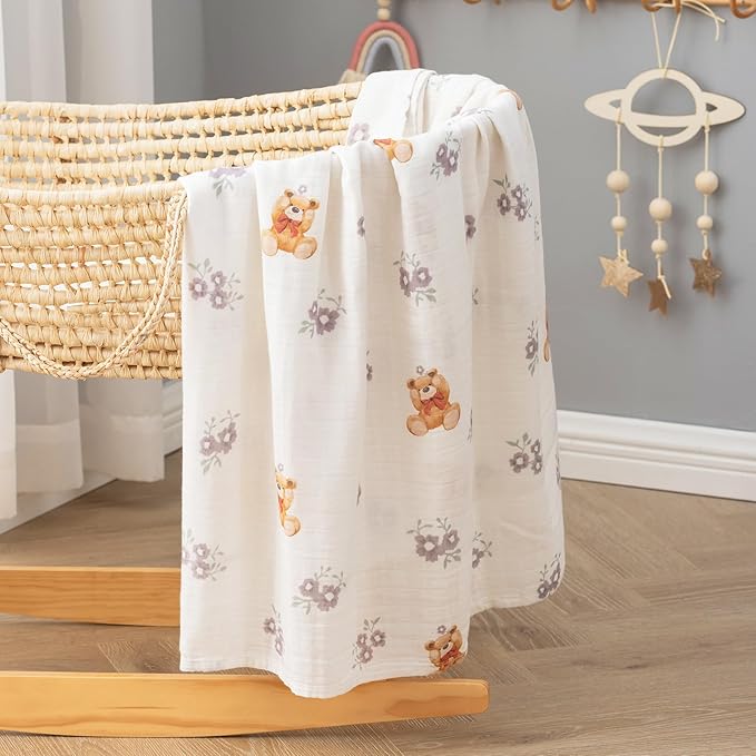 BabyWhale Muslin Swaddle Blanket with Hat and Headband Bow, Flower and Bear Print Swaddle Set for Baby Boys ＆ Girls, Soft Breathable Unisex Receiving Blanket Wrap, 47x47 inches
