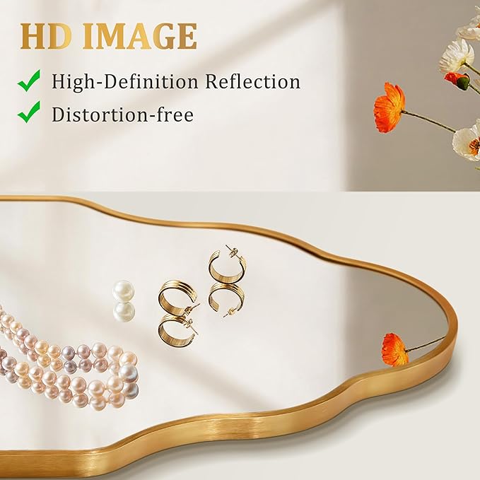 Scalloped Mirror for Bathroom - 24"x36" Gold Bathroom Mirror with Aviation Aluminum Alloy Frame & Shatter-Proof Glass for Living Room Bedroom Entryway, Brushed Gold Frame(x1)