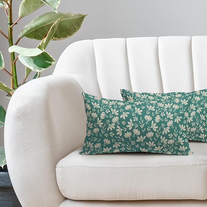 Aqua Pillow Covers 12x20 Set of 2 Vintage Floral Rustic Old Style Cute Flower Print Rectangle Decorative Outdoor Pillowcases Seasonal Farmhouse Throw Cushion Case Couch Sofa Bed Decor