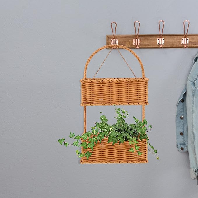 OUNONA Wall-Mounted Imitation Rattan Woven Basket 14.96X8.26X4.72In Hanging Storage Organizer for Kitchen Bathroom Fruits Vegetables Toiletries Space-Saving