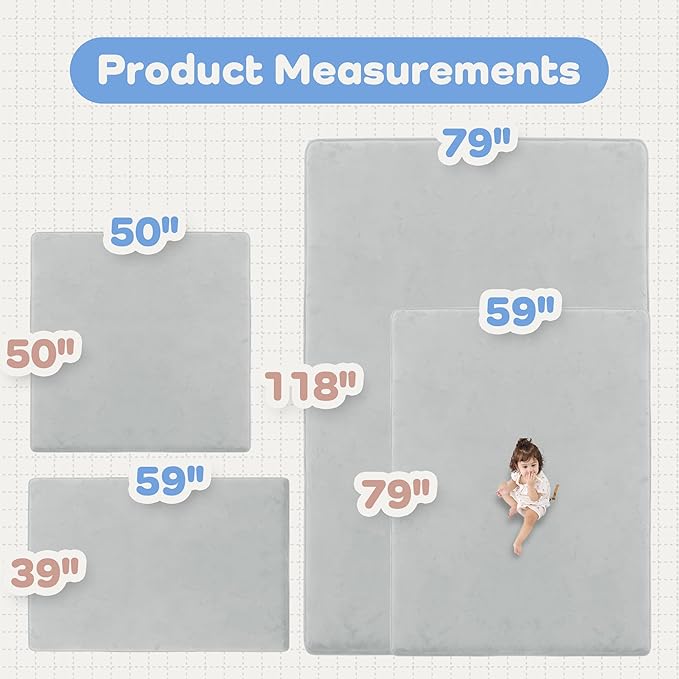 1.5" Thick Baby Play Mat for Floor, 59x79 Playpen Mat, Pro Soft Flannel Foam Mats Toddler Infant Kids Crawling for Nursery Rug Playroom Living Room Waterproof Easy Care Non-Slip (Light Grey)