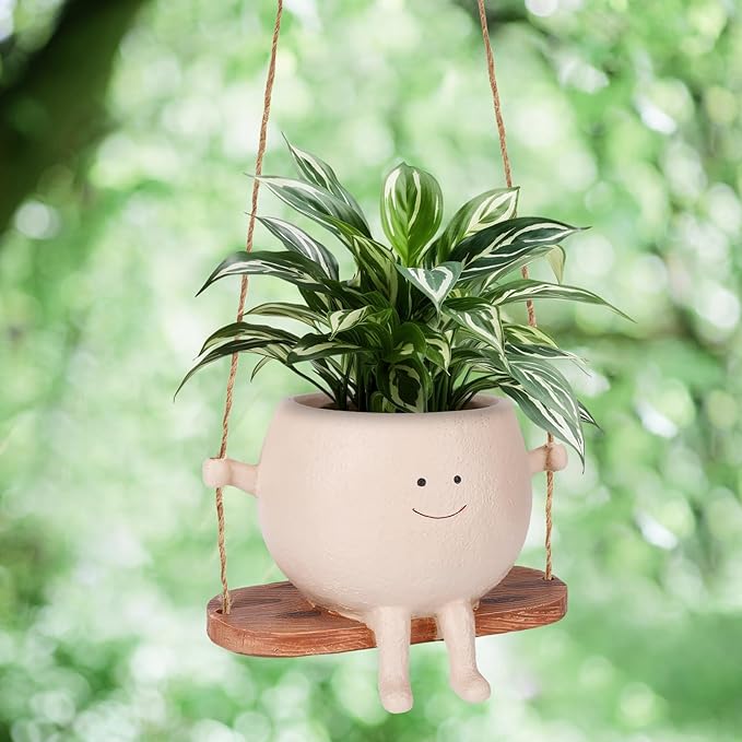 Cute Smiley Face Hanging Planter Pot - Adorable Indoor/Outdoor Flower Plant Holder with Drainage Hole - Perfect for Home, Garden, Office Decor