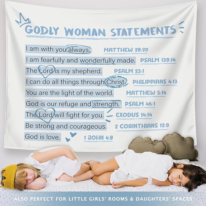 LIANGW Blue Bible Verses Christian Tapestry, Based Blue Room Decor Aesthetic, Inspirational Christian Tapestry for Women, Bible Aesthetic for Girls Bedroom for Dorm Room 50x60 Inch