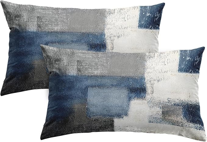 Britimes Throw Pillow Covers Modern Home Art Decor, 12 x 20 Inches Set of 2 Pillow Cases Decorative, Abstract Oil Painting Pillowcases for Bedroom, Living Room, Blue White