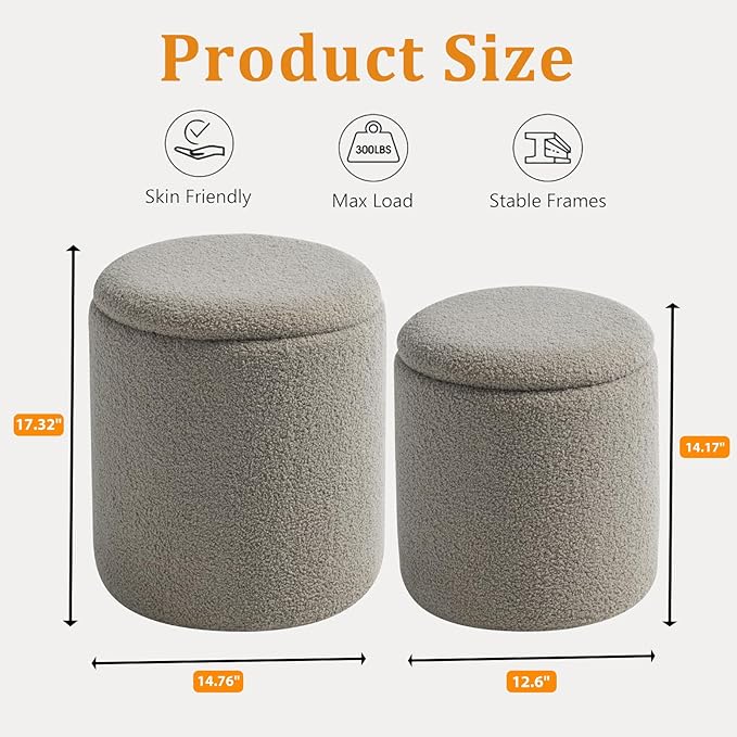 Round Ottoman with Storage Set of 2 - Upholstered Sherpa Vanity Stool for Makeup Multifunctional Ottomans Coffee Table Padded Seat Foot Rest for Living Room & Bedroom (Sherpa Gray)