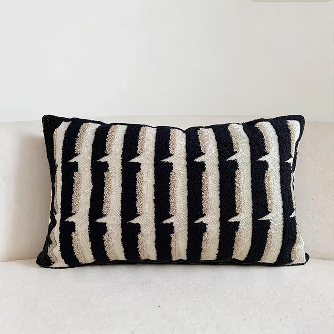 20"x20" Black Cream Stripe Tufted Pillow Covers Luxury Geometric Accent Pillows Soft Woven Decorative Pillow Cases for Couch, Sofa, Bedroom Décor (Black, 20"×12")