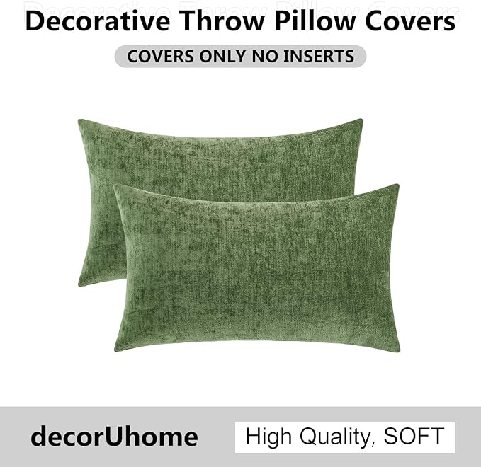decorUhome Chenille Olive Green Spring Throw Pillow Covers 12x20 Inch Set of 2, Decorative Soft Couch Pillow Covers Solid Dyed Accent Farmhouse Neutral Rectangle Pillow Cases for Sofa