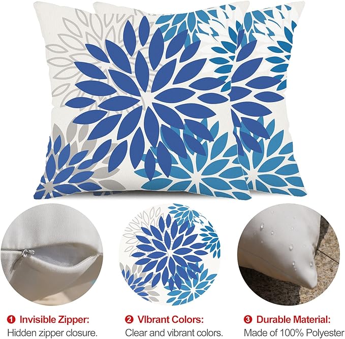 DFXSZ Blue Flower Pillow Covers 16x16 Inch Set of 2 Dark and Light Blue Colored Pillow Farmhouse Outdoor Waterproof Decor for Patio Funiture Garden Summer Floral Square Polyester Pillow Covers 002E16
