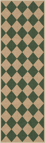 Lahome Colette Checkered Kitchen Runner, 2x8 Easy Jute Runner Rug for Hallway Entryway, Farmhouse Indoor Outdoor Non Slip Non Shedding Green Carpet for Laundry Bedroom Porch Corridor
