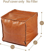Pouf Ottoman, Unstuffed Pouf Cover, Handmade Faux PU Leather Moroccan, Orange Brown 17.7" Square, Foot Rest for Living Room, Floor Chair Gifts for Men Women, (Only Cover)