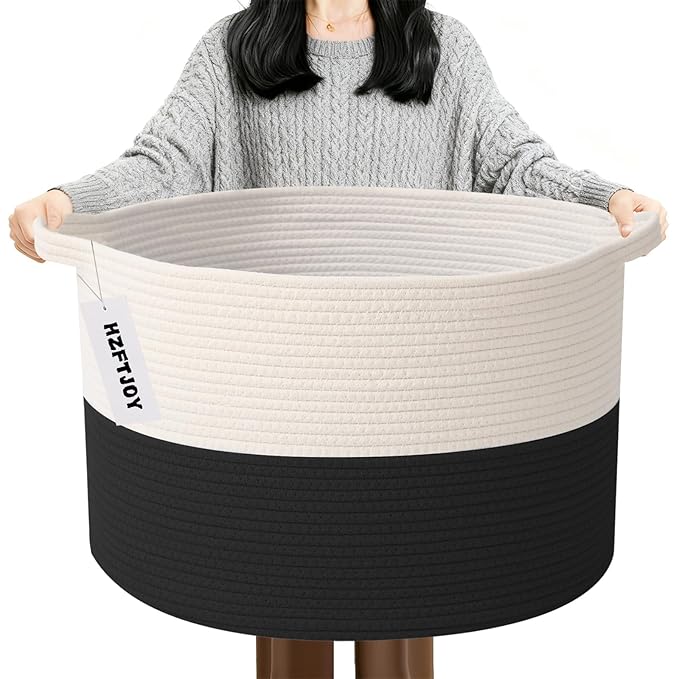 90L Large Blanket Basket,21.7"L x 21.7"W x 13.8"H Rope Woven Baskets with Handles, Toys Storage Bins,Laundry Basket Perfect for Living Room, Nursery,Bedroom,Home Organization,White&Black