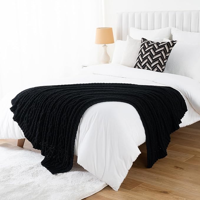Battilo Black Throw Blanket for Couch, Cable Knit Blanket for Bed,Chair, Home Decor, Soft Cozy Woven Chenille Throw Blanket, Decorative Boho Throw Blanket, 51"x67"