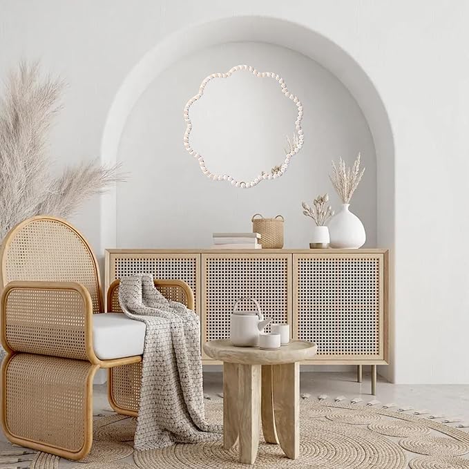 SWTHONY 15inch Small Boho Beaded Flower Mirror for Wall Decor, Cute Decorative Hanging Wooden Circle Nursery Mirrors for Girl Room, Bedroom, Livingroom