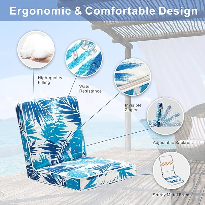 JMGBird Adjustable Floor Chair - 5-Position Gaming & Meditation Cushion with Back Support, Waterproof Blue Palm Leaves Design for Indoor/Outdoor Use