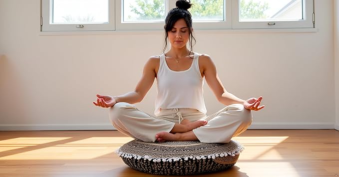 CRAFT KALA 18" Round Large Hippie Mandala Meditation Floor Ottoman Pillow Cushion Pouf Cover Square Poufs Bohemian Circle Floor Cushion Case Outdoor Fireplace Yoga Living Room Decor Cover Black Gold