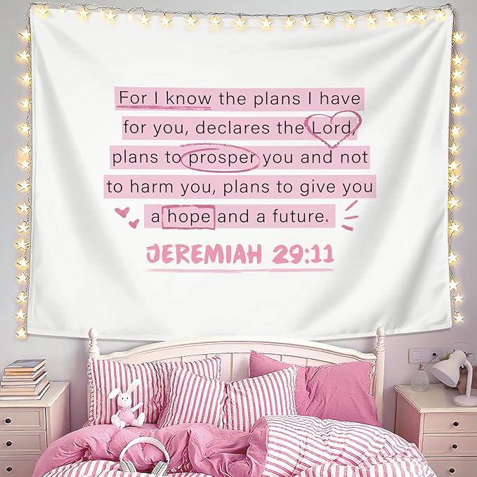 LIANGW Cute Pink Christian Tapestry Aesthetic for Bedroom, Coquette Preppy Room Decor for Women, Dorm Decor for College Girls, Bible Verses Tapestries Wall Hanging 50x60 inche