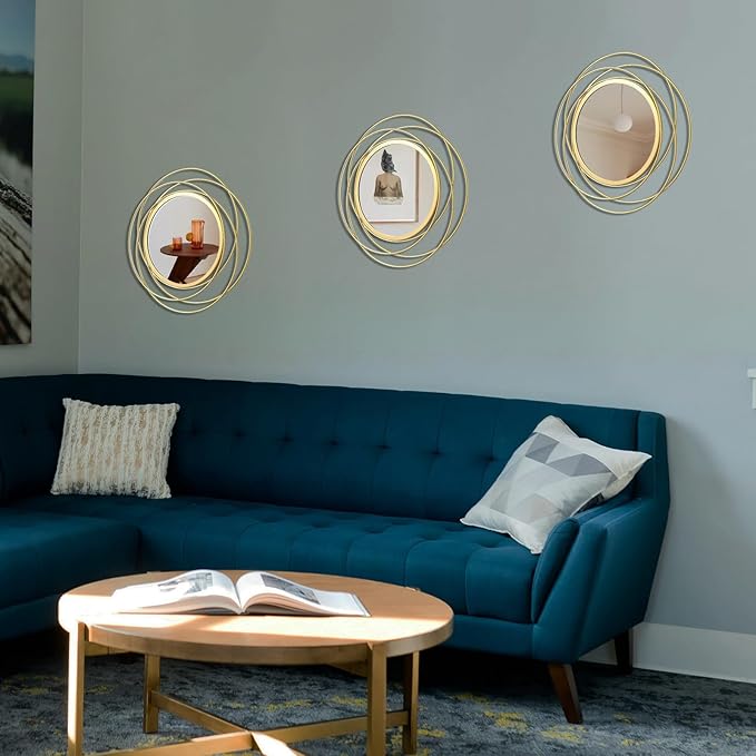 Cityelf 3 Set 13 Inch Gold Circle Mirrors Wall Decor Iron Frame Wire Mirror Metal Circular Mirror Home Decor Hanging Mirrors for Room/Bedroom/Bathroom/Entryway