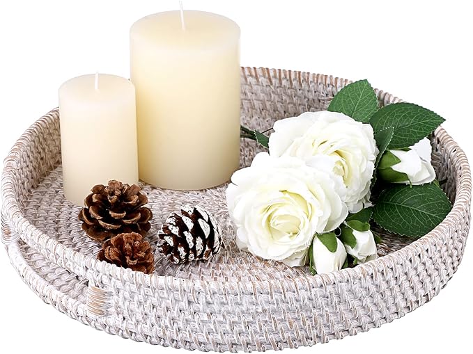 Hipiwe Round Rattan Serving Tray with Handles - Hand-Woven Wicker Tray - Decorative Candle Organizer - Storage for Breakfast, Drinks, Snacks - Coffee Table Centerpiece - Large (11.8" x 11.8" x 1.9")