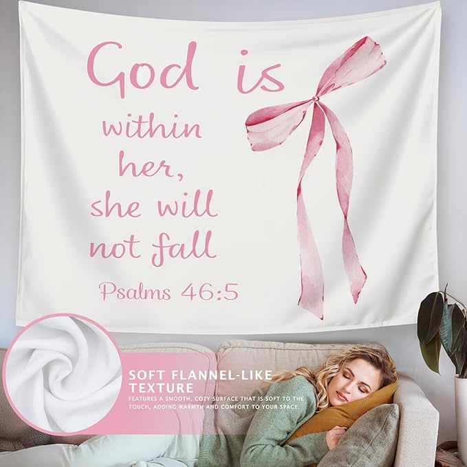 LIANGW Coquette Pink Bow Christian Tapestry Aesthetic, Wall Tapestry for Bedroom, Pink Wall Art for Teen Girls & Women, Bible Verses Tapestries Wall Hanging, Preppy Girly Room Decor 50x60 inche