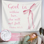 LIANGW Coquette Pink Bow Christian Tapestry Aesthetic, Wall Tapestry for Bedroom, Pink Wall Art for Teen Girls & Women, Bible Verses Tapestries Wall Hanging, Preppy Girly Room Decor 50x60 inche