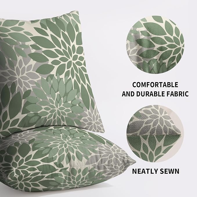 Sage Green Flower Pillow Covers 18X18 Inch Set of 2, Grey Gray Dahlia Floral Spring Summer Cream Decorative Throw Pillow Covers Outdoor Modern Farmhouse Cushion Case for Home Couch Sofa Bed Decor