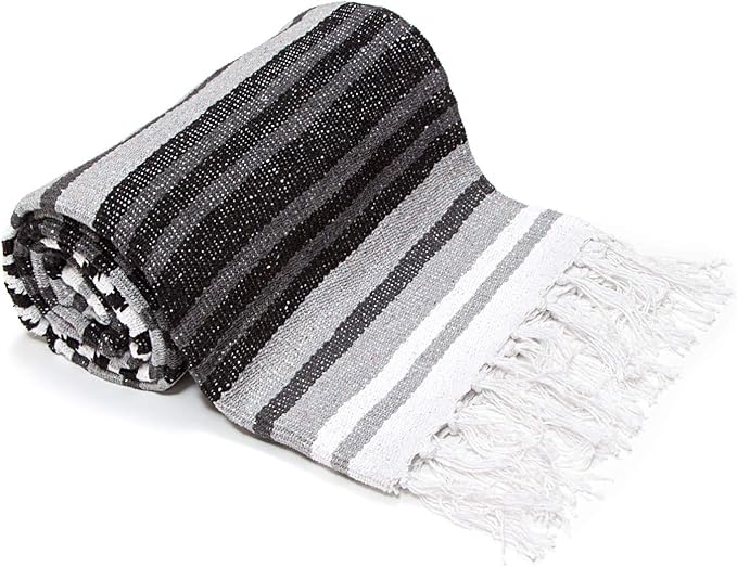 Americanflat 50x70 Authentic Mexican Throw Blanket - Falsa Blanket - Soft Cotton Throw Blankets for Indoor or Outdoor - Use for Yoga, Meditation, or Beach - Grey Stripes